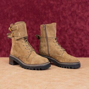 See by Chloe Wmn Mallory Military Green Suede Lace-up Moto Biker Boots 8US EUR38